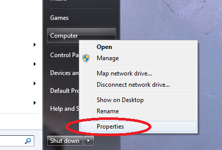 Computer properties in Windows Vista / Windows 7